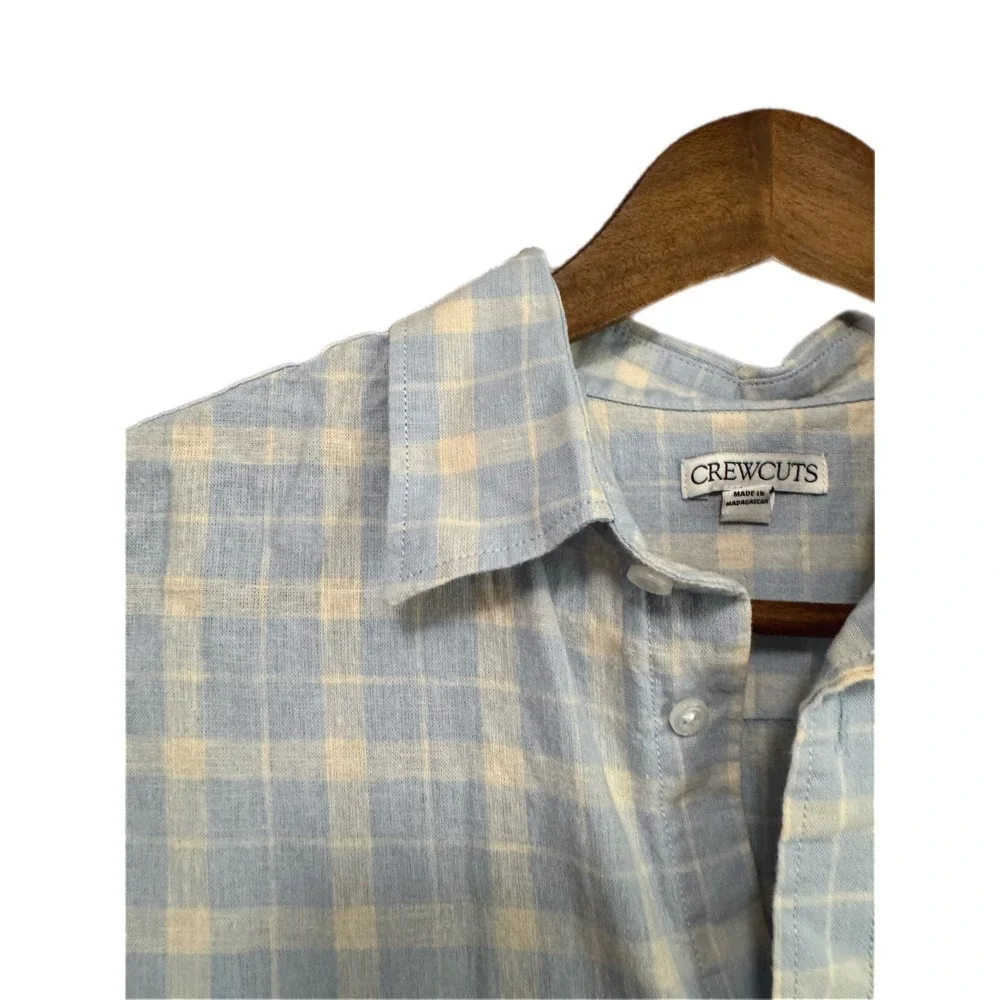 Crewcuts Button Down Shirt Kids‎ Size 12 Blue Plaid Excellent Linen Cotton Blend
